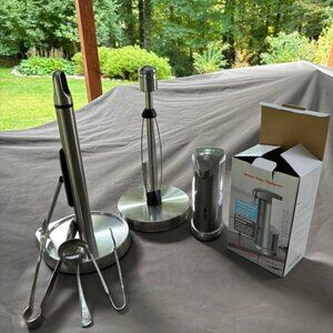 2 Stainless Kitchen Counter Paper Towel Holders, 1 Soap Dispenser, Tongues